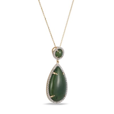 Pear-Shaped and Round Jade with 0.40 CT. T.W. Diamond Frame Teardrop Pendant in 14K Gold