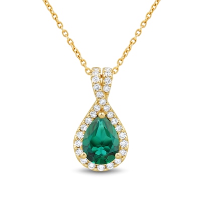 Pear-Shaped Lab-Created Emerald and 0.23 CT. T.W. Certified Lab-Created Diamond Frame Pendant in 10K Gold (F/SI2)