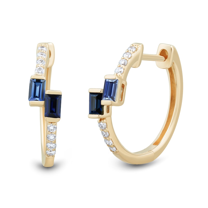 Baguette Blue Lab-Created Sapphire and 0.085 CT. T.W. Certified Lab-Created Diamond Bypass Hoop Earrings in 10K Gold|Peoples Jewellers