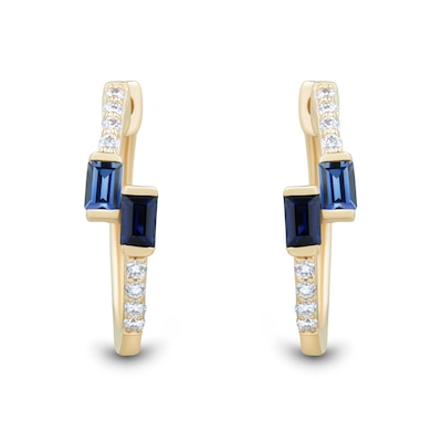 Baguette Blue Lab-Created Sapphire and 0.085 CT. T.W. Certified Lab-Created Diamond Bypass Hoop Earrings in 10K Gold