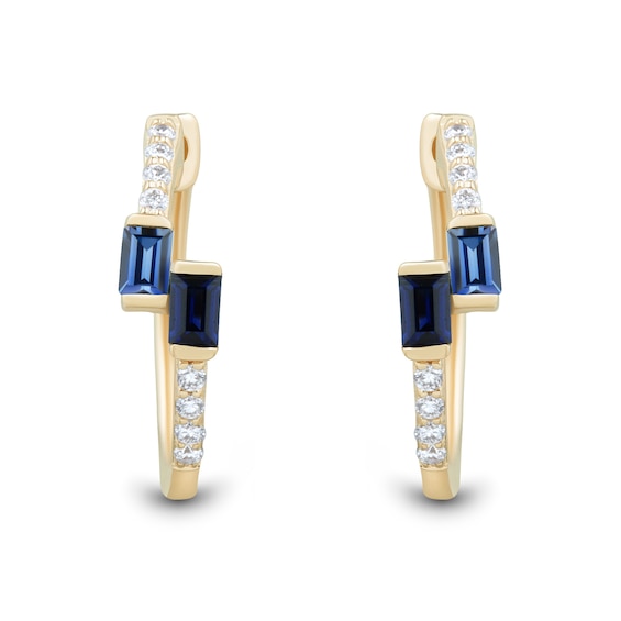 Baguette Blue Lab-Created Sapphire and 0.085 CT. T.W. Certified Lab-Created Diamond Bypass Hoop Earrings in 10K Gold