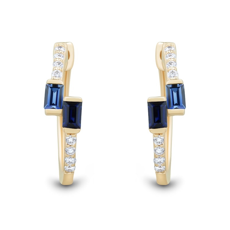 Baguette Blue Lab-Created Sapphire and 0.085 CT. T.W. Certified Lab-Created Diamond Bypass Hoop Earrings in 10K Gold|Peoples Jewellers