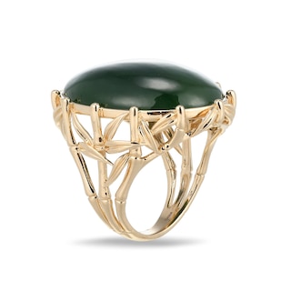 Oval Jade Solitaire Bamboo Motif Ring in 14K Gold - Size 7