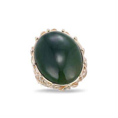 Oval Jade Solitaire Bamboo Motif Ring in 14K Gold - Size 7