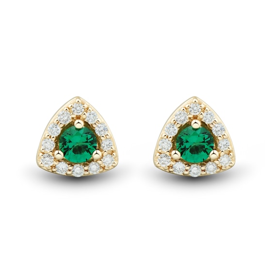 Lab-Created Emerald and 0.115 CT. T.W. Certified Lab-Created Diamond Trillion Frame Stud Earrings in 10K Gold (F/SI2)