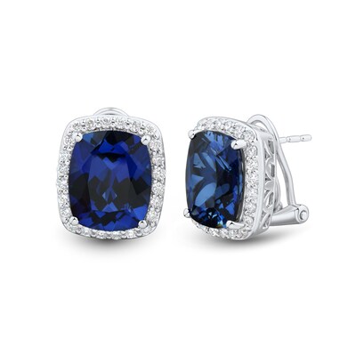 Cushion-Cut Blue Lab-Created Sapphire and 0.45 CT. T.W. Certified Lab-Created Diamond Frame Earrings in 10K White Gold