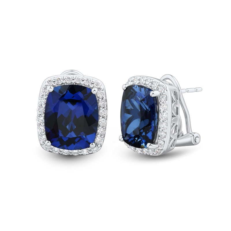 Cushion-Cut Blue Lab-Created Sapphire and 0.45 CT. T.W. Certified Lab-Created Diamond Frame Earrings in 10K White Gold|Peoples Jewellers