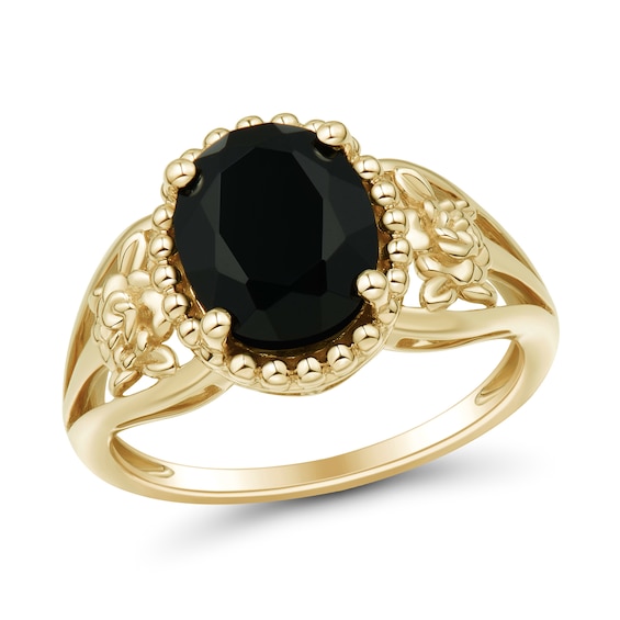 Oval Onyx Solitaire Flower Shank Ring in 10K Gold