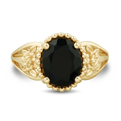 Oval Onyx Solitaire Flower Shank Ring in 10K Gold