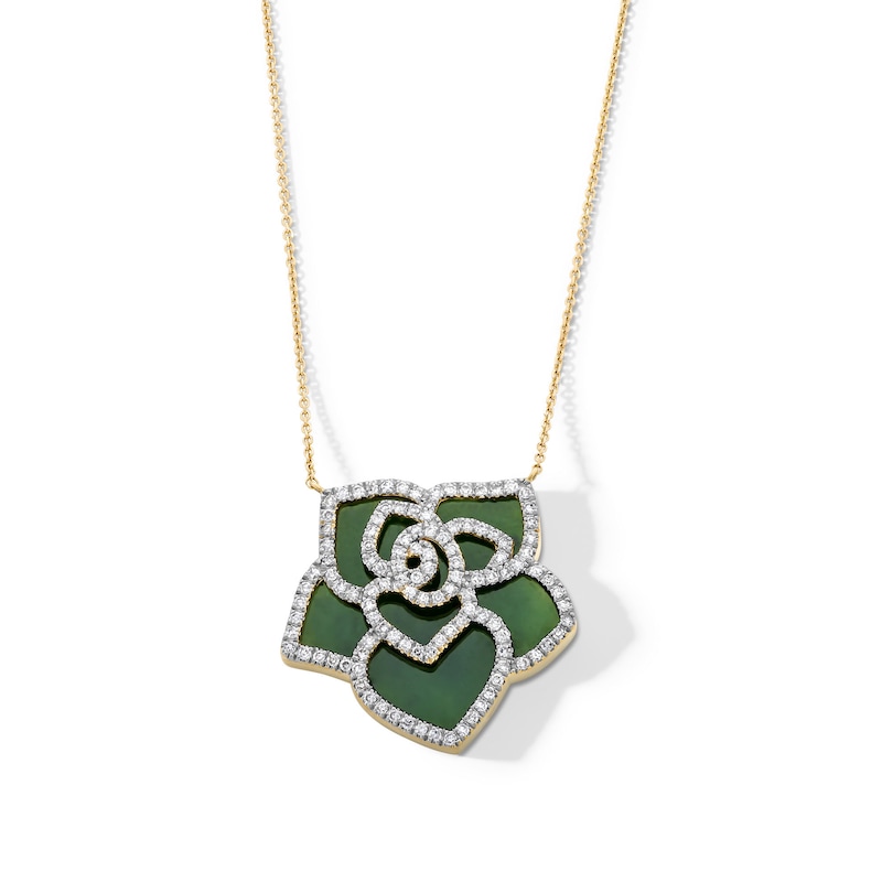 Main Image 1 of 22.0mm Jade and 0.50 CT. T.W. Diamond Lotus Flower Necklace in 14K Gold