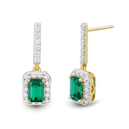 Emerald-Cut Lab-Created Emerald and 0.37 CT. T.W. Certified Lab-Created Diamond Frame Drop Earrings in 10K Gold (F/SI2)