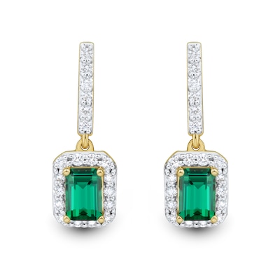 Emerald-Cut Lab-Created Emerald and 0.37 CT. T.W. Certified Lab-Created Diamond Frame Drop Earrings in 10K Gold (F/SI2)