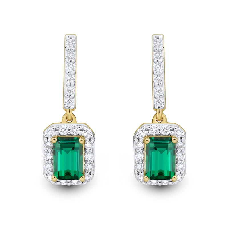 Emerald-Cut Lab-Created Emerald and 0.37 CT. T.W. Certified Lab-Created Diamond Frame Drop Earrings in 10K Gold (F/SI2)|Peoples Jewellers