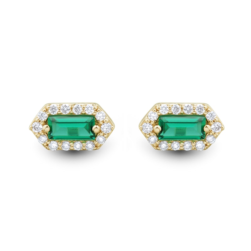 Baguette-Cut Lab-Created Emerald and 0.115 CT. T.W. Certified Lab-Created Diamond Hexagon Frame Stud Earrings in 10K Gold|Peoples Jewellers