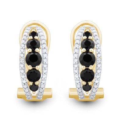 Onyx and Diamond Accent Edge Graduated Five Stone Hoop Earrings in Sterling Silver with 14K Gold Plate