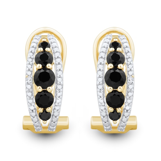 Onyx and Diamond Accent Edge Graduated Five Stone Hoop Earrings in Sterling Silver with 14K Gold Plate