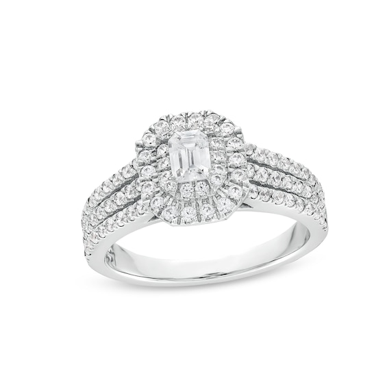 Emerald-Cut Canadian Certified Centre Diamond 1.00 CT. T.W. Frame Triple Row Engagement Ring in 10K White Gold (I/I1)