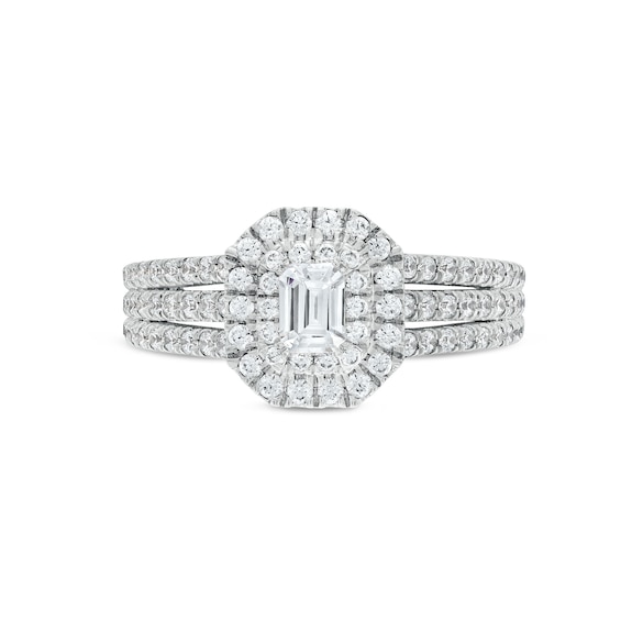 Emerald-Cut Canadian Certified Centre Diamond 1.00 CT. T.W. Frame Triple Row Engagement Ring in 10K White Gold (I/I1)