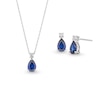 Pear-Shaped Blue and White Lab-Created Sapphire Stacked Pendant and Drop Earrings Set in 10K White Gold