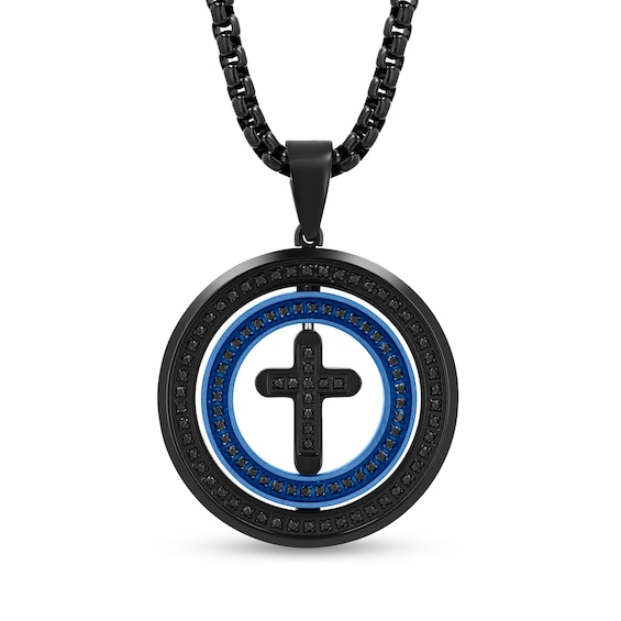 0.50 CT. T.W. Black Diamond Double Frame Cross Pendant in Stainless Steel with Black and Blue Ion Plate - 24”