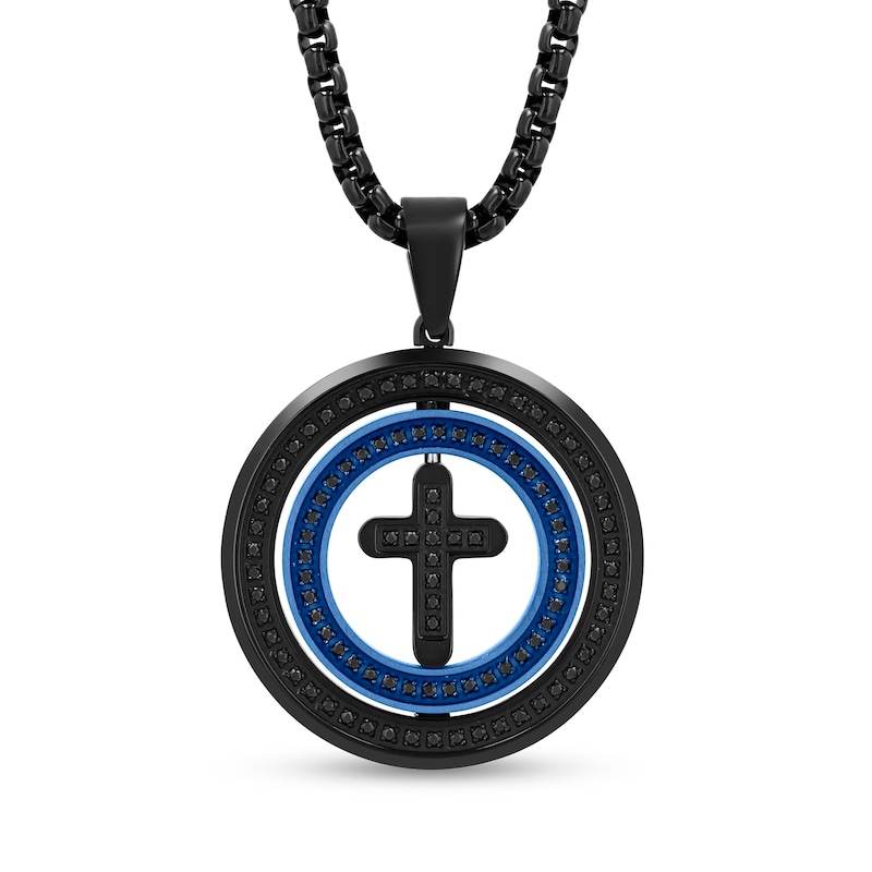 Main Image 1 of 0.50 CT. T.W. Black Diamond Double Frame Cross Pendant in Stainless Steel with Black and Blue Ion Plate - 24”