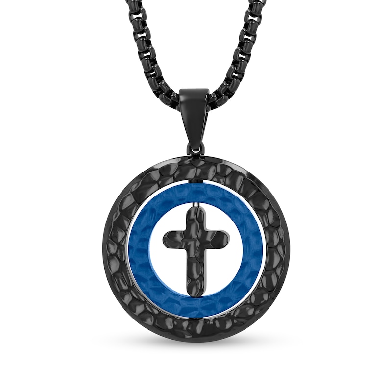 0.50 CT. T.W. Black Diamond Double Frame Cross Pendant in Stainless Steel with Black and Blue Ion Plate - 24”