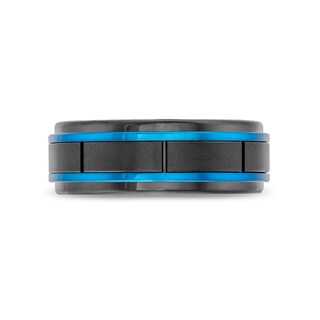 8.0mm Stepped Edge Engravable Wedding Band in Tungsten with Black and Blue Ion Plate