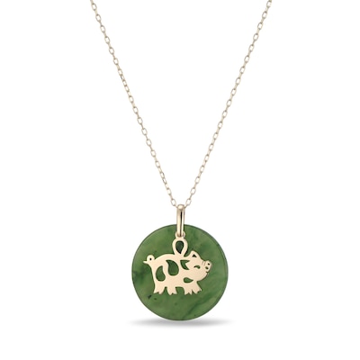 20.0mm Jade Pig Chinese Zodiac Disc Pendant in 14K Gold