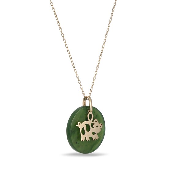 20.0mm Jade Pig Chinese Zodiac Disc Pendant in 14K Gold