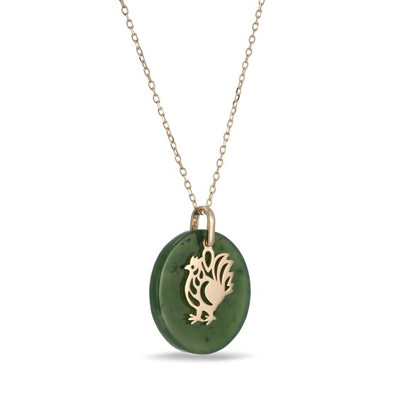 20.0mm Jade Rooster Chinese Zodiac Disc Pendant in 14K Gold