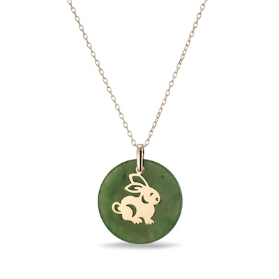 20.0mm Jade Rabbit Chinese Zodiac Disc Pendant in 14K Gold