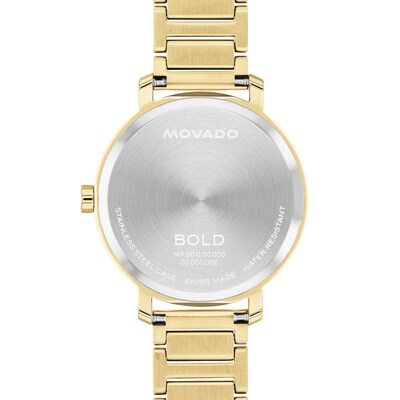 Ladies’ Movado Bold® Evolution 2.0 Crystal Accent Gold-Tone IP Watch with Gold-Tone Dial (Model: 3601218)