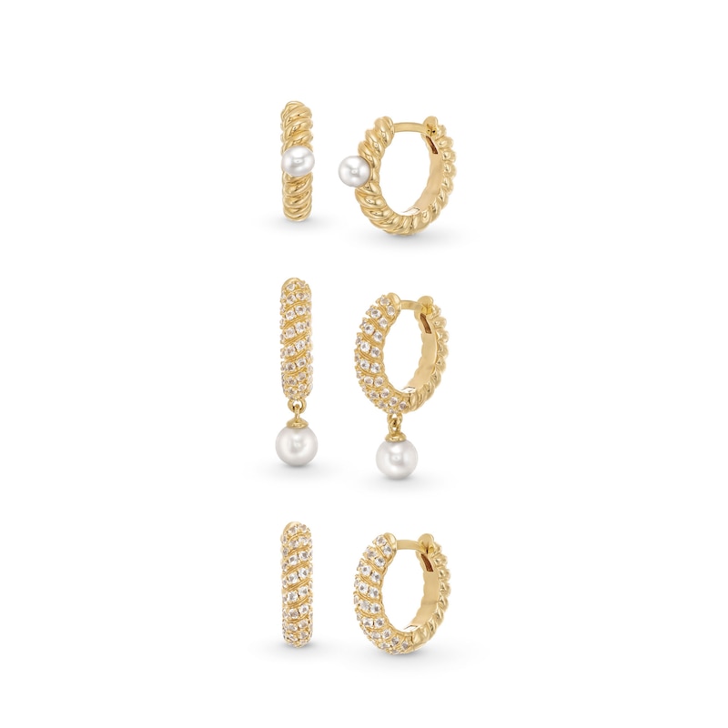 Freshwater Cultured Pearl and White Lab-Created Sapphire Twist Hoop Earrings Set in Sterling Silver with 18K Gold Plate