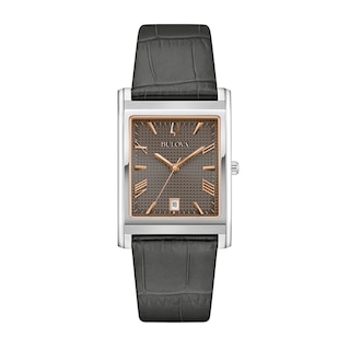 Men's Bulova Sutton Two-Tone IP Grey Leather Strap Watch with Rectangular Grey Dial (Model: 96B443)