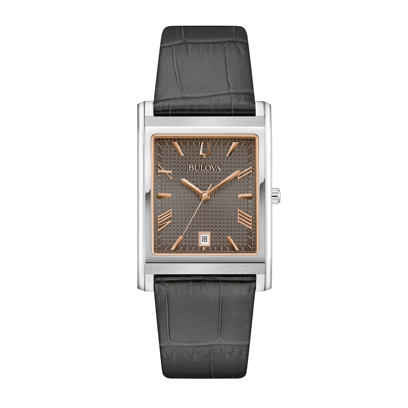 Men's Bulova Sutton Two-Tone IP Grey Leather Strap Watch with Rectangular Grey Dial (Model: 96B443)