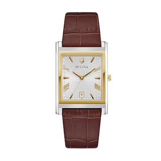 Men's Bulova Sutton Two-Tone IP Brown Leather Strap Watch with Rectangular White Dial (Model: 98B430)