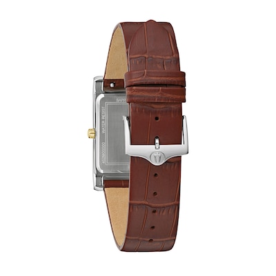 Men's Bulova Sutton Two-Tone IP Brown Leather Strap Watch with Rectangular White Dial (Model: 98B430)