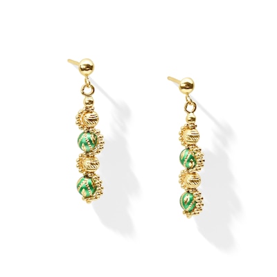 Green Enamel Alternating Bead Drop Earrings in Hollow 18K Gold