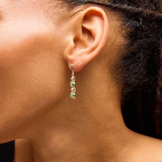 Green Enamel Alternating Bead Drop Earrings in Hollow 18K Gold