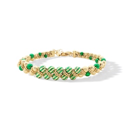 Green Enamel Woven Double Row Bead Bracelet in Hollow 18K Gold - 7.25”