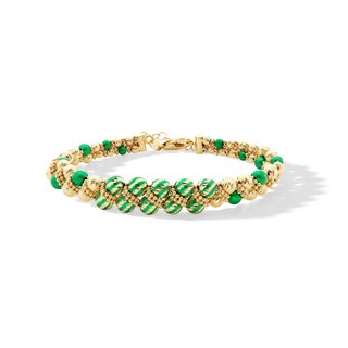 Green Enamel Woven Double Row Bead Bracelet in Hollow 18K Gold - 7.25”