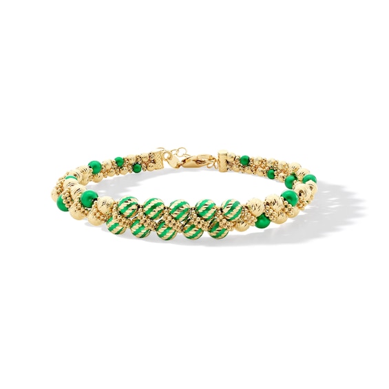 Green Enamel Woven Double Row Bead Bracelet in Hollow 18K Gold - 7.25”