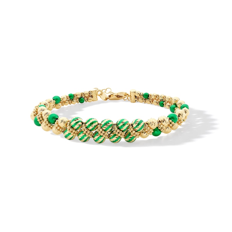 Main Image 1 of Green Enamel Woven Double Row Bead Bracelet in Hollow 18K Gold - 7.25”