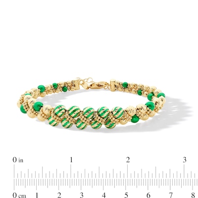 Green Enamel Woven Double Row Bead Bracelet in Hollow 18K Gold - 7.25”