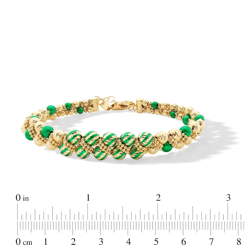 Green Enamel Woven Double Row Bead Bracelet in Hollow 18K Gold - 7.25”