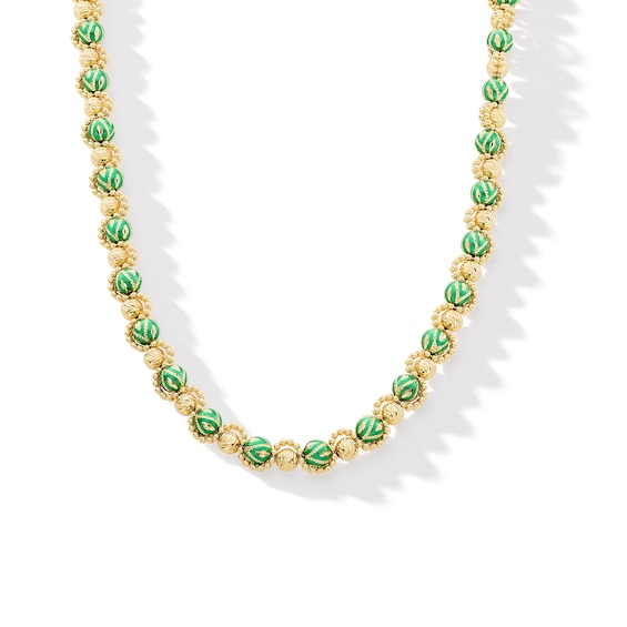 Green Enamel Alternating Bead Necklace in Hollow 18K Gold