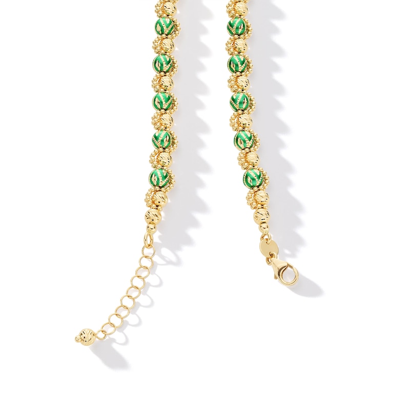 Green Enamel Alternating Bead Necklace in Hollow 18K Gold