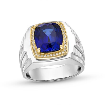 Cushion-Cut Blue Lab-Created Sapphire and 0.15 CT. T.W. Diamond Frame Ring in Sterling Silver and 10K Gold