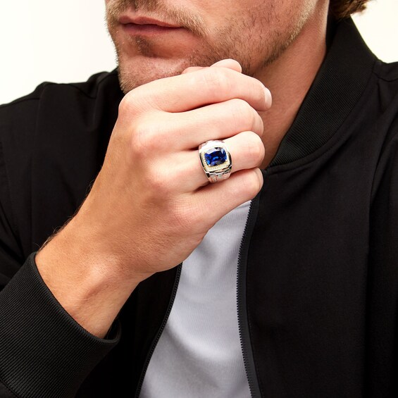 Cushion-Cut Blue Lab-Created Sapphire and 0.15 CT. T.W. Diamond Frame Ring in Sterling Silver and 10K Gold