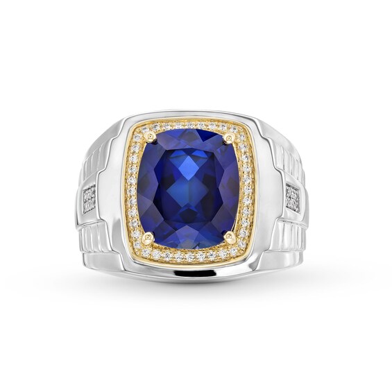 Cushion-Cut Blue Lab-Created Sapphire and 0.15 CT. T.W. Diamond Frame Ring in Sterling Silver and 10K Gold